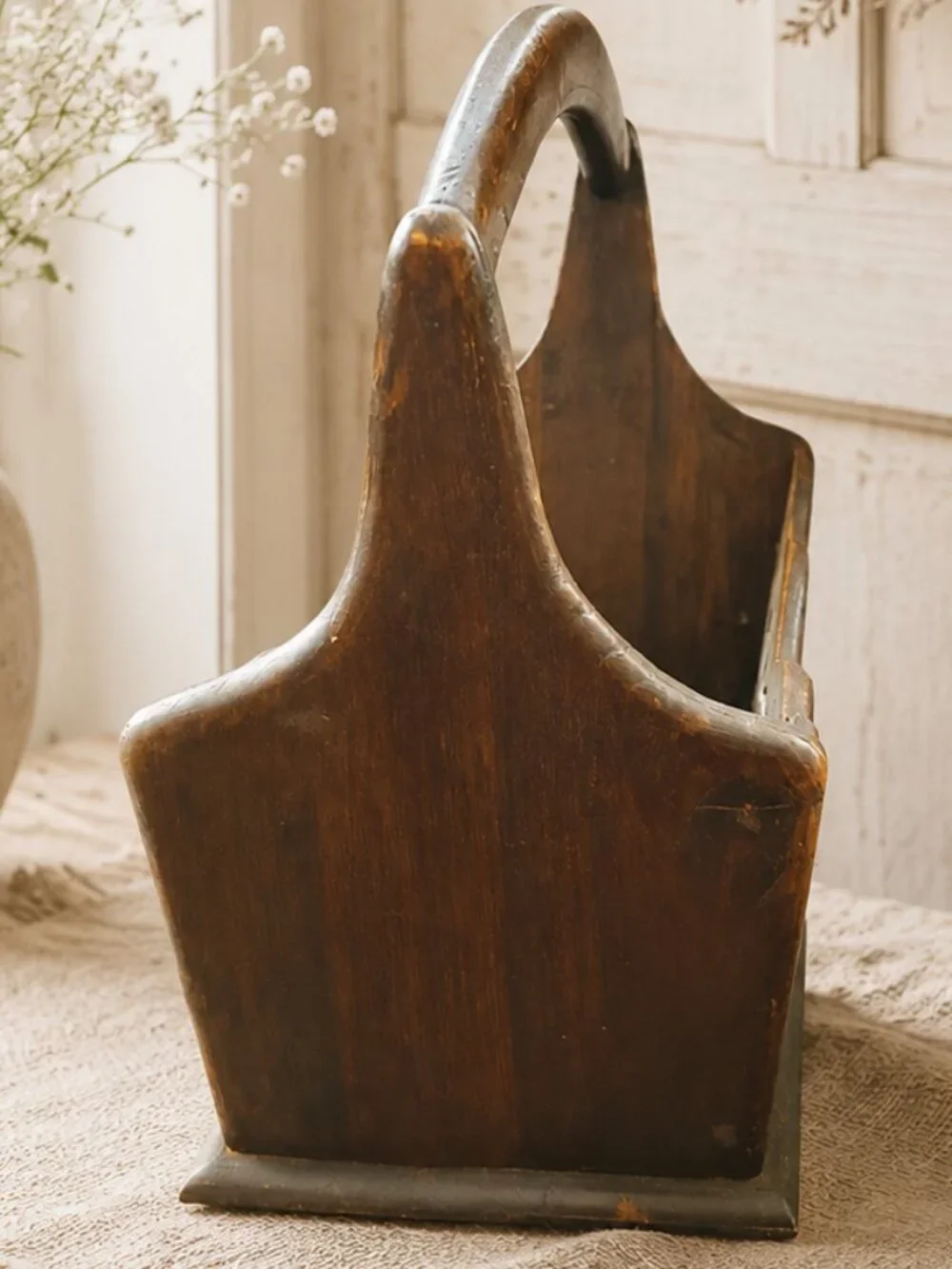 Vintage Primitive Handmade Wooden Basket With Intricate Cut-Out Details